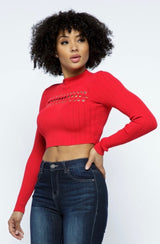 Hera Collection Mock Neck Across Lace Crop Top (Red)